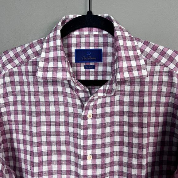 David Donahue shirt mens medium NEW button down check red linen cotton chore - Picture 5 of 11